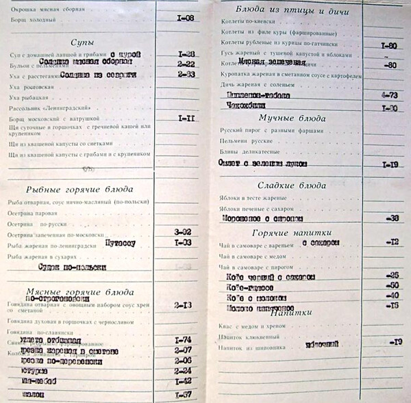 Меню вагона-ресторана в СССР